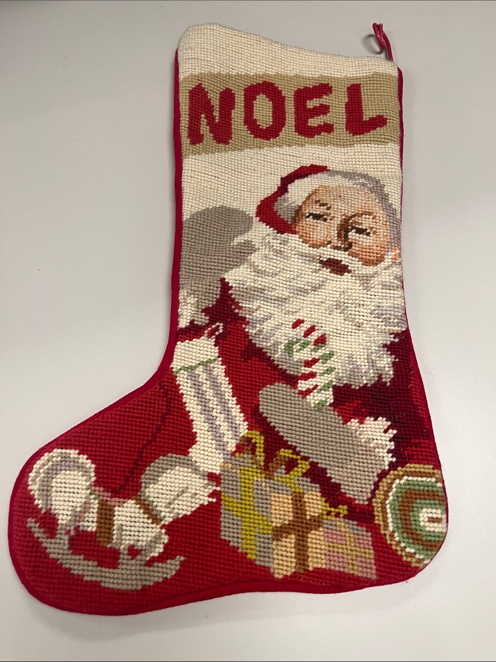 Imperial Elegance 1991 Noel Santa Needlepoint Christmas Stocking - Red and Cream